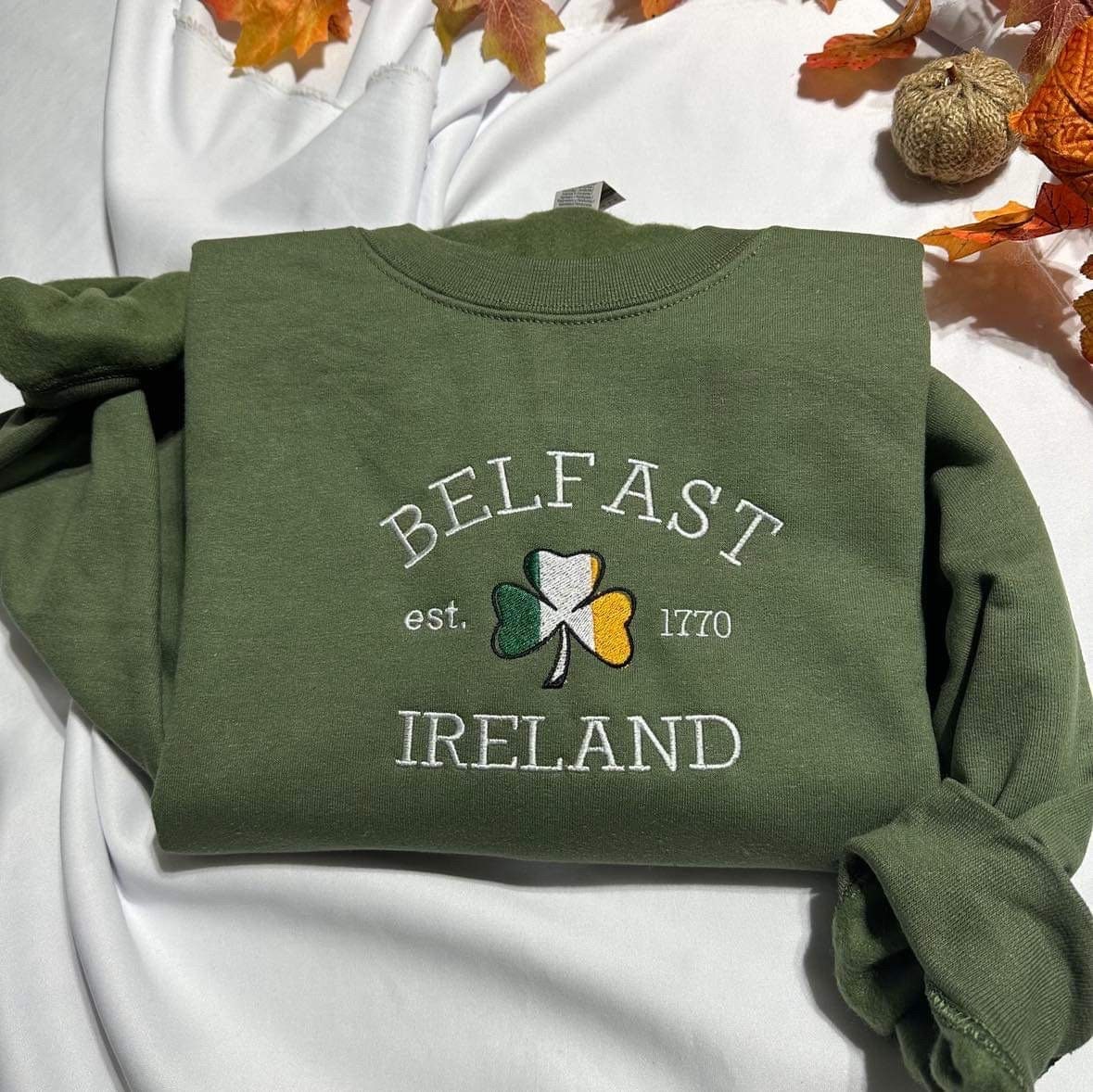 Belfast Ireland Embroidered Sweatshirt: Irish Shamrock Crewneck